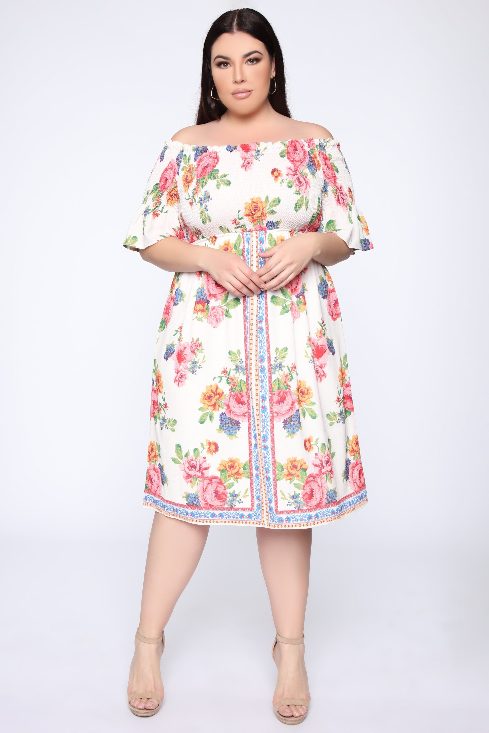 Fawn Off Shoulder Midi Dress - Ivory/Multi Discount